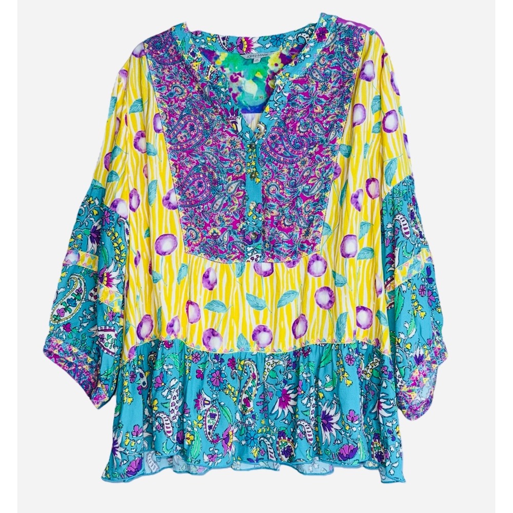 John Mark Womens 1X‎ Cherries Paisley Patchwork Yellow Teal Tunic NWT